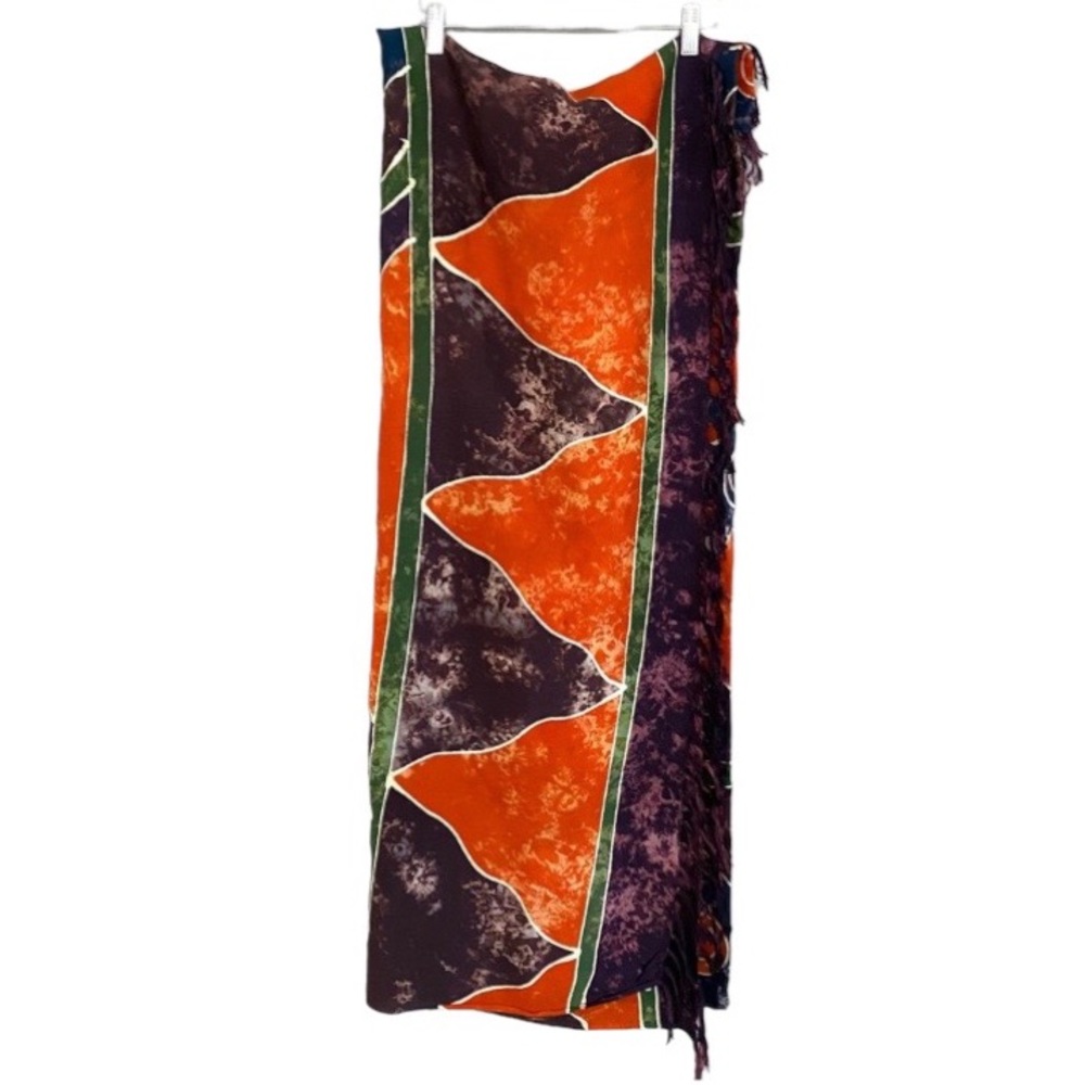 Vintage Indonesian Orange Navy Purple Green Hand Dyed Batik Sarong Pareo Coverup